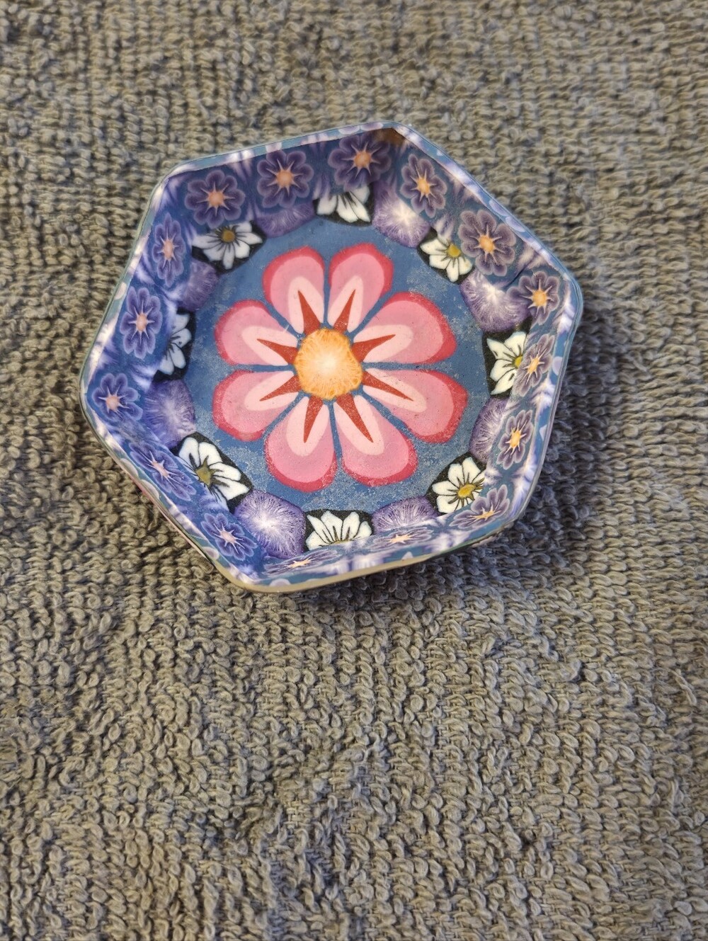 Handcrafted Polymer Clay Pink Floral Trinket Dish Hexagon Catchall Bowl
